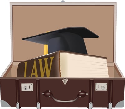 Graduation cap resting on law book inside open suitcase vector