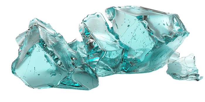 Close-up of blue-green glass-like crystal formations, showcasing their intricate structure and clarity, isolated on a transparent background. png