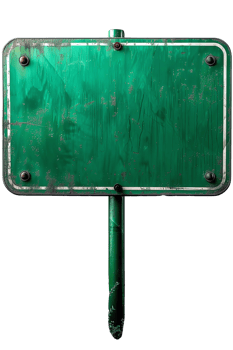 A weathered, empty green sign with bolts at the corners standing on a pole png