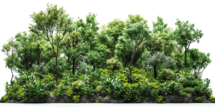 Lush green forest scene with various trees and dense foliage exhibiting vibrant greenery. Ideal for nature and botanical themes. png