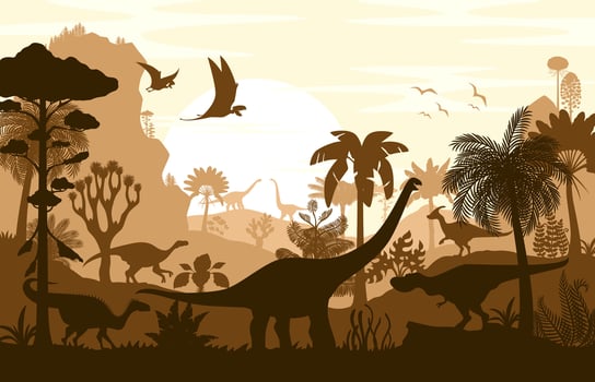 Dinosaur silhouettes, shadow jurassic scene vector