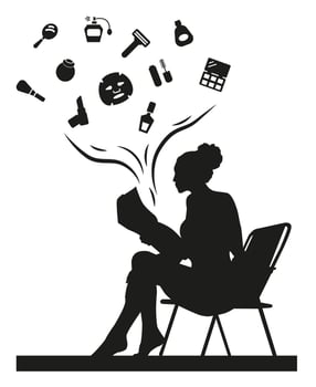 Silhouette of a girl reading fashion magazines about beauty and self-care. vector