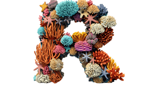 the letter R is made of coral and other colorful objects png