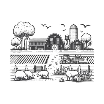 Vintage Hand-Drawn Farm Landscape Illustrations vector