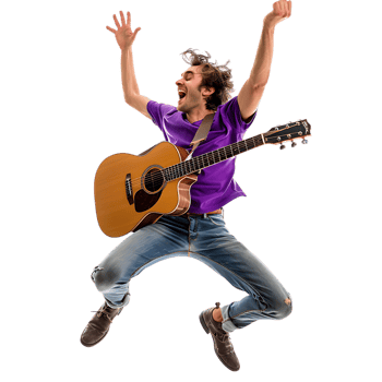 Full body singer excited happy young man he wears purple t shirt jump high playing guitar png