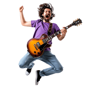 Full body singer excited happy young man he wears purple t shirt jump high playing guitar png