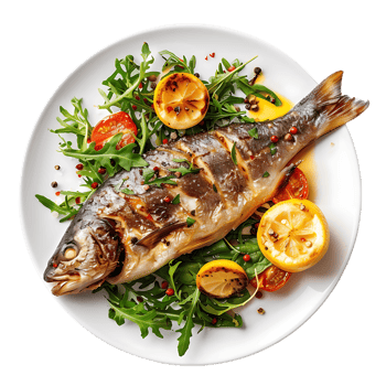 Fish roasted with greens on the plate png