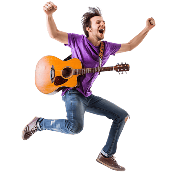 Full body singer excited happy young man he wears purple t shirt jump high playing guitar png