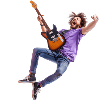 Full body singer excited happy young man he wears purple t shirt jump high playing guitar png