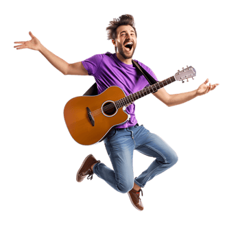 Full body singer excited happy young man he wears purple t shirt jump high playing guitar png