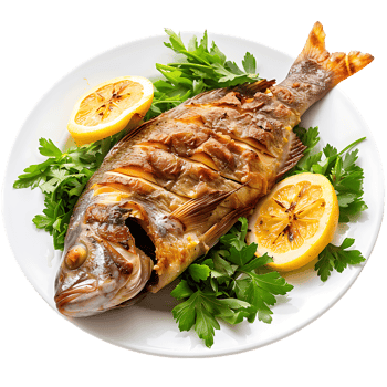 Fish roasted with greens on the plate png
