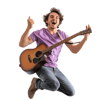 Full body singer excited happy young man he wears purple t shirt jump high playing guitar png