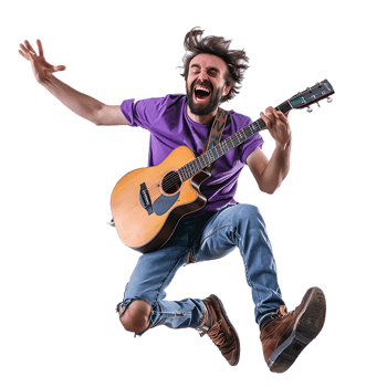 Full body singer excited happy young man he wears purple t shirt jump high playing guitar png