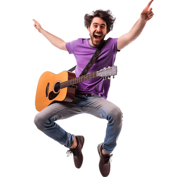 Full body singer excited happy young man he wears purple t shirt jump high playing guitar png