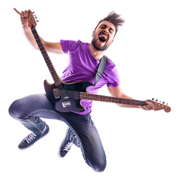 Full body singer excited happy young man he wears purple t shirt jump high playing guitar png