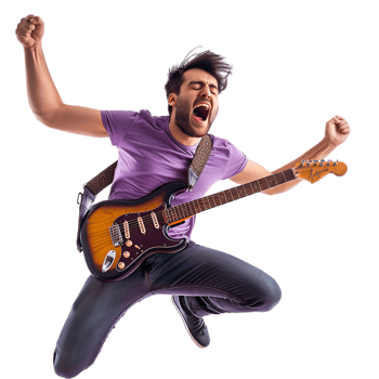Full body singer excited happy young man he wears purple t shirt jump high playing guitar png