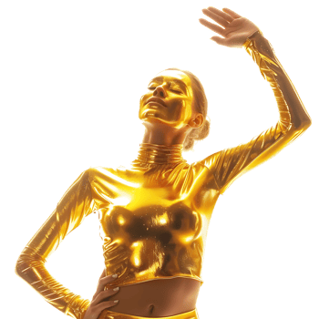 Golden skin model sensual woman with glowing metallic gold body makeup raising her hands png