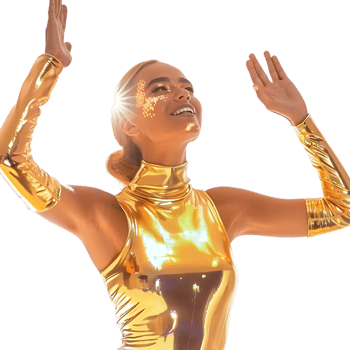 Golden skin model sensual woman with glowing metallic gold body makeup raising her hands png
