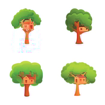 Small house icons set cartoon vector. Cozy building on wood branch in garden vector