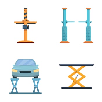Automotive inspection icons set cartoon vector. Car lift stand tower with auto vector