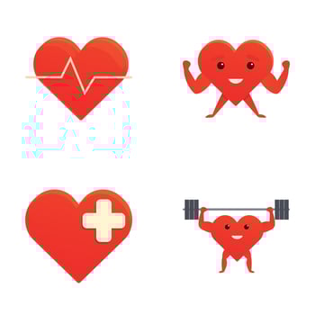 Heart health icons set cartoon vector. Cute happy healthy heart organ vector