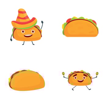 Funny taco icons set cartoon vector. Cute cartoon fast food tacos character vector