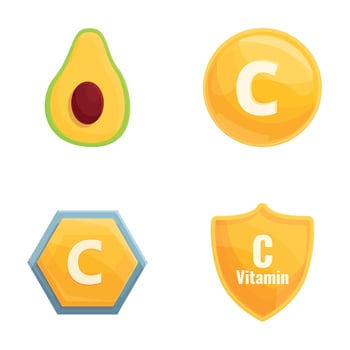 Ascorbic acid icons set cartoon vector. Product fortified with ascorbic acid vector
