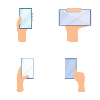 Phone icons set cartoon vector. Hand holding mobile phone vector