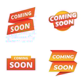 Promotional concept icons set cartoon vector. Red sticker and label coming soon vector