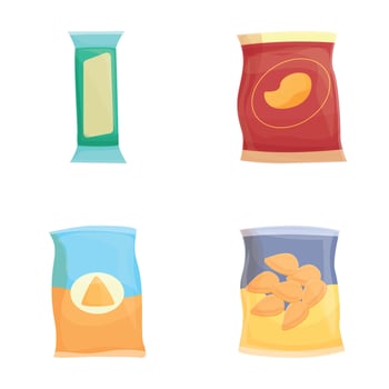 Packaged food icons set cartoon vector. Various type of packaged snack vector