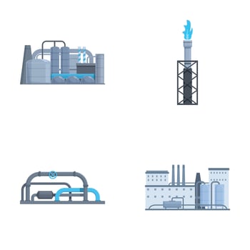 Vector icons depicting elements of industrial infrastructure including a factory, refinery, pipelines, and flare stack