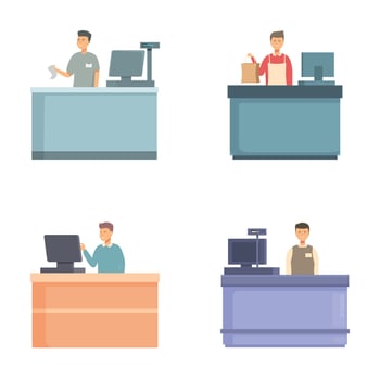 Set of cashiers working at various checkout counters vector