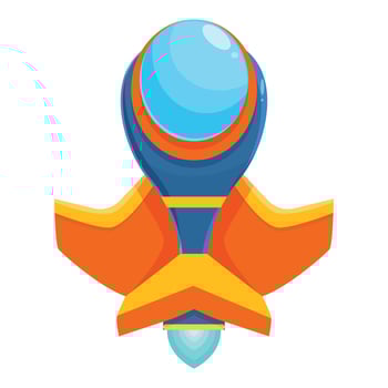 Blue and orange spaceship flying with engine on vector