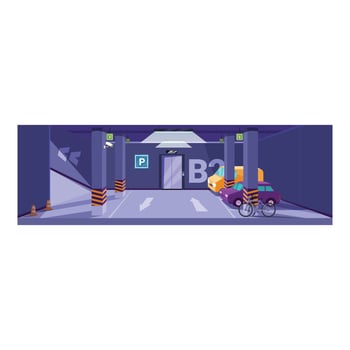Underground parking garage with parked cars cctv cameras and elevator illustration vector