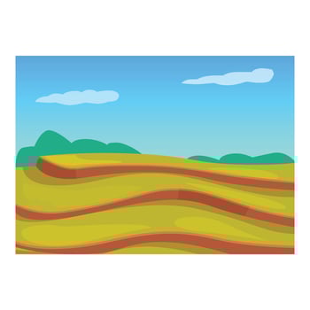 Cartoon illustration of cultivated fields stretching over rolling hills on sunny day vector