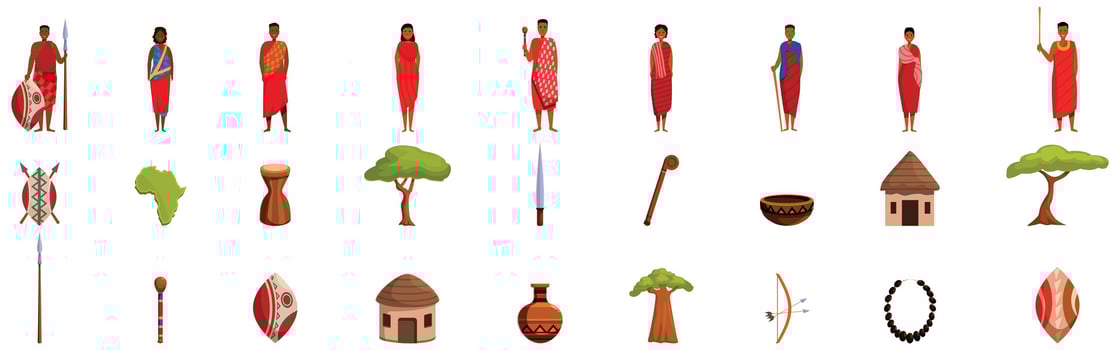Maasai icons set. African tribe members wearing traditional clothes holding weapons and cultural objects vector