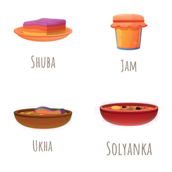 Russian dish icons set cartoon vector. Various traditional dish vector