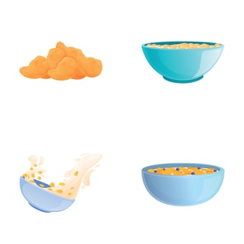 Breakfast food icons set cartoon vector. Cereal flakes with milk and fruit vector