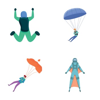 Skydiving icons set cartoon vector. Skydiver character flying with parachute vector
