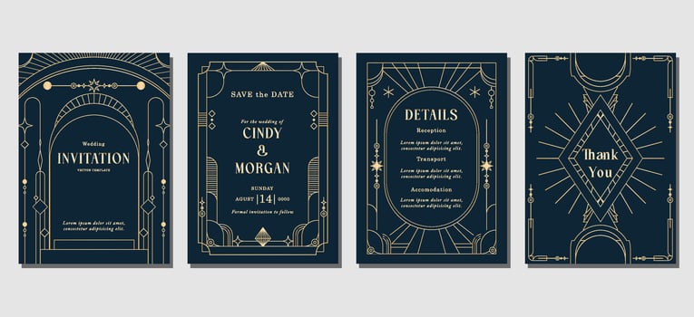Set of Luxury Wedding Invitation art deco template with golden line, ornament, shapes, borders vector