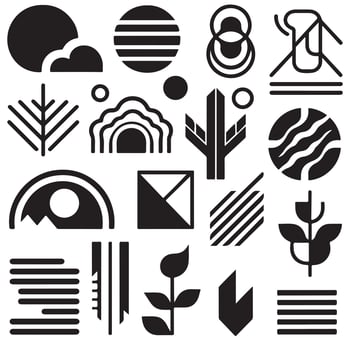 black Brutalist geometric shapes, modern symbols. Simple primitive elements and forms. Retro design, trendy contemporary minimalist style, y2k. illustration vector