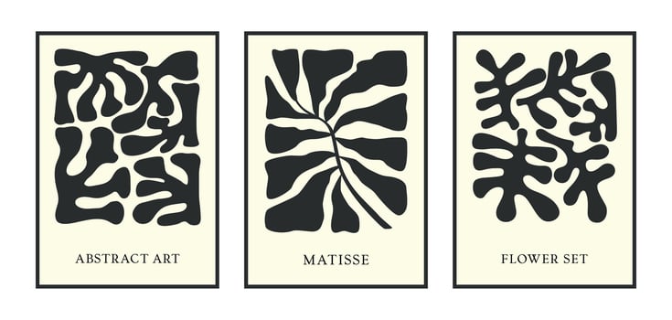 Set of posters in the style of Matisse. Interior and home decoration. Abstraction. Flowers and leaves. Botany. Boho. Template. Trendy art pastel beige floral. Y2k and hippies. Psychedelic. 60s, 70s. vector