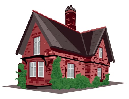 illustration red brick house with bushes without background vector