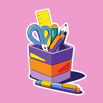 Pen stand with a line of knives and pens on a light pink background. hand drawn school subjects. illustration in the style of the 90s. isolated object vector
