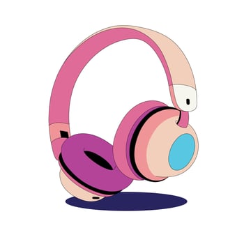 Peach-colored headphones with pink ear pads and blue and pink inserts. Headphones on a white background. In the background there is a shadow from headphones. vector