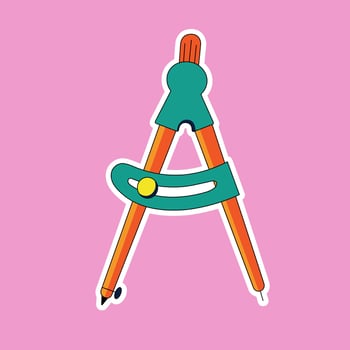 Bright sticker of office compass. Isolated school supplies icon on pink background, stationery, illustration in cartoon style. Good match for you design in retro style. vector
