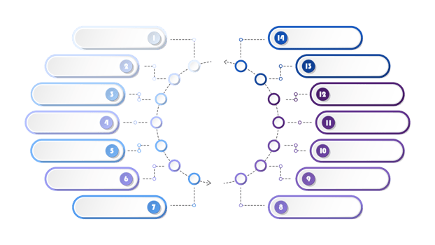 Blue tone circle infographic with 14 steps, process or options. Presentation slide template. png