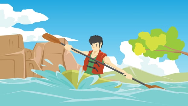 Athletes paddling canoes in rapids. Front view with branches and leaves obscuring the top. There is a rock as an obstacle on the side. In a canoeing competition. vector