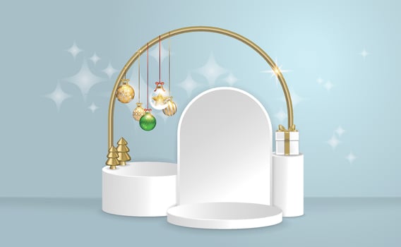 White round merchandise display stand with Christmas tree and decorations, suitable for Christmas and New Year vector