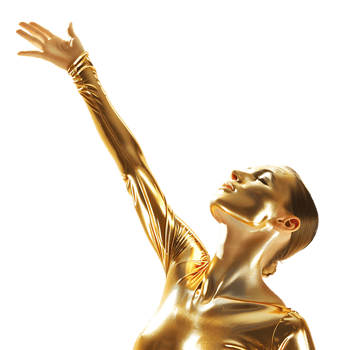 Golden skin model sensual woman with glowing metallic gold body makeup raising her hands png
